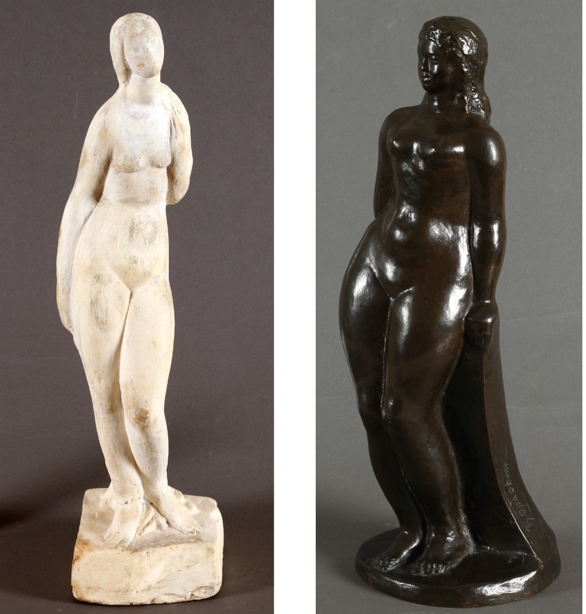 Levo: Petar Palavičini (1883-1962), Ženski akt,
Gips, visina: 44 cm, 2.200 €, Desno: Đorđe Oraovac (1891-1955), Akt devojke,
Bronza, visina: 37 cm, 950 €