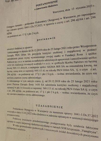 Fragment postanowienia o umorzeniu śledztwa w sprawie przyjęcia korzyści osobistej i majątkowej przez Adama Buraka i udzielenia jej przez Radosława Tadajewskiego 