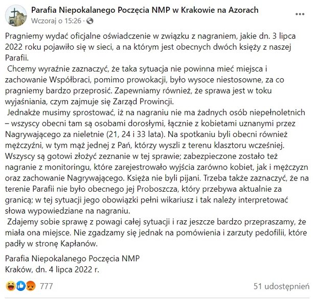 Parafia wydała oświadczenie