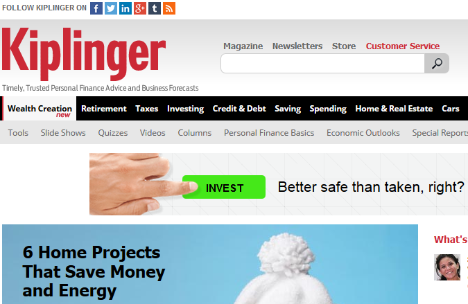 Strona internetowa kiplinger.com jest cyfrowym komponentem magazynu o tym samym tytule. Zawiera bardzo szeroki problematyczny zakres; od emerytur po rynek nieruchomości. Dostarcza także aktualnych informacji dla inwestorów. Kiplinger jest bardzo przyjazny w użytkowaniu, wykorzystuje bowiem takie narzędzia jak pokazy slajdów oraz quizy.