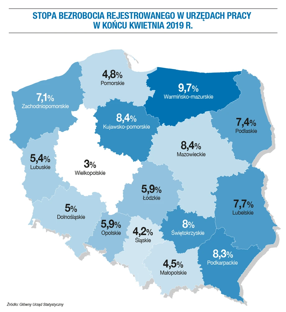 Mapa bezrobocia w kwietniu 2019