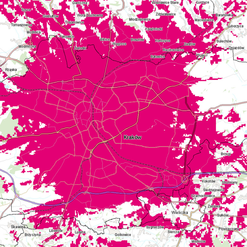 Mapa zasięgu 5G w T-Mobile - Kraków
