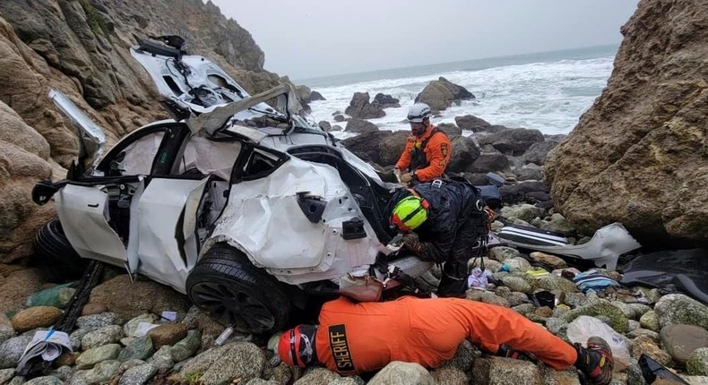 Emergency personnel at the site of the Tesla crash involving Dharmesh Patel's family in Northern California near Devil's Slide.Sgt. Brian Moore/San Mateo County Sheriff's Office/Associated Press