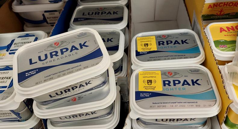 Packs of Lurpak Lighter were plastered with security stickers at a Tesco store between Shoreditch and Bethnal Green.