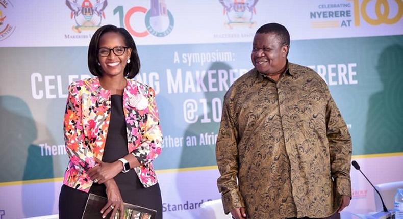 Otafiire (right) and Makerere University council chairperson, Lorna Magara