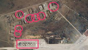 A marked-up satellite image of the Saki Russian naval air base in Crimea on August 10, 2022. Circles and an oblong mark destroyed and suspected destroyed Su-24s and Su-30s