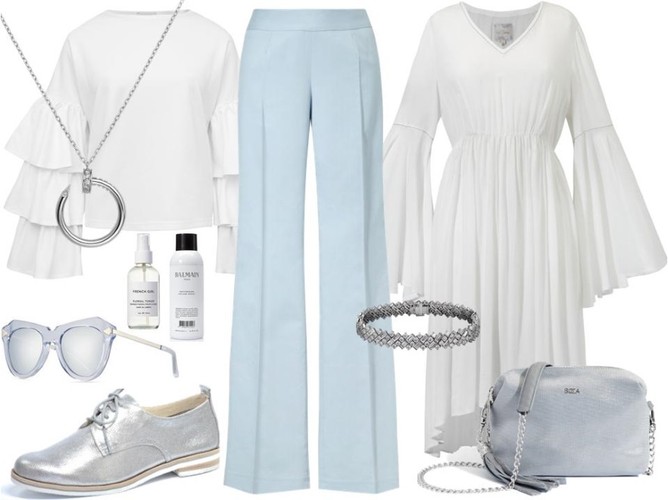 Wiosenny powiew falban. STYLIZACJE: Sukienka – Boca/boca.pl, spodnie – Maxim/maximfashion.pl, bluzka – White House/whitehouse.sklep.pl, torebka – Boca/boca.pl, buty- Caprice/caprice.pl, dodatki – TKMAXX