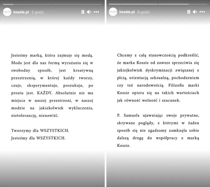 Oświadczenie przedstawicieli Kossie na Instagram Stories