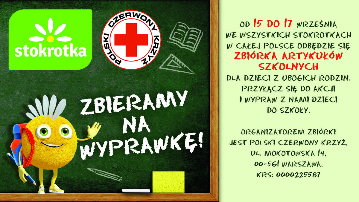 W dniach 15-17 września we wszystkich supermarketach oraz marketach i sklepach franczyzowych sieci "Stokrotka" w całej Polsce odbędzie się zbiórka artykułów szkolnych dla dzieci z ubogich rodzin. Dodatkowo zbierane będą środki finansowe, z których zostaną ufundowane wyprawki szkolne.