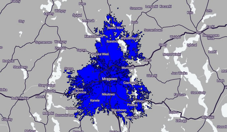 Mapa zasięgu 5G w Play - Mrągowo