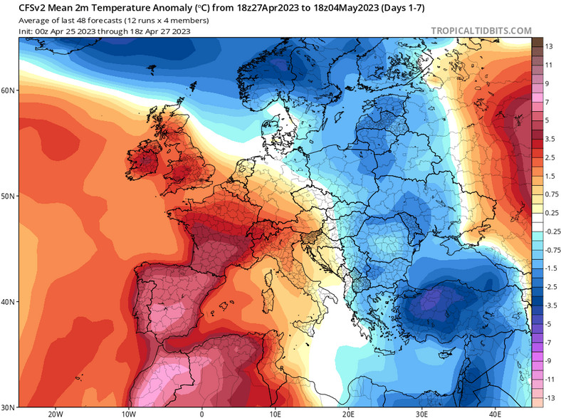 Ekstremalne odchylenie temperatury od normy w Hiszpanii.