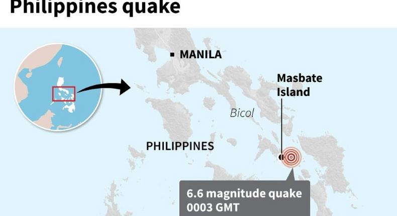 Map showing the area in the Bicol region of the central Philippines that was struck by a shallow 6.6-magnitude earthquake on Tuesday.