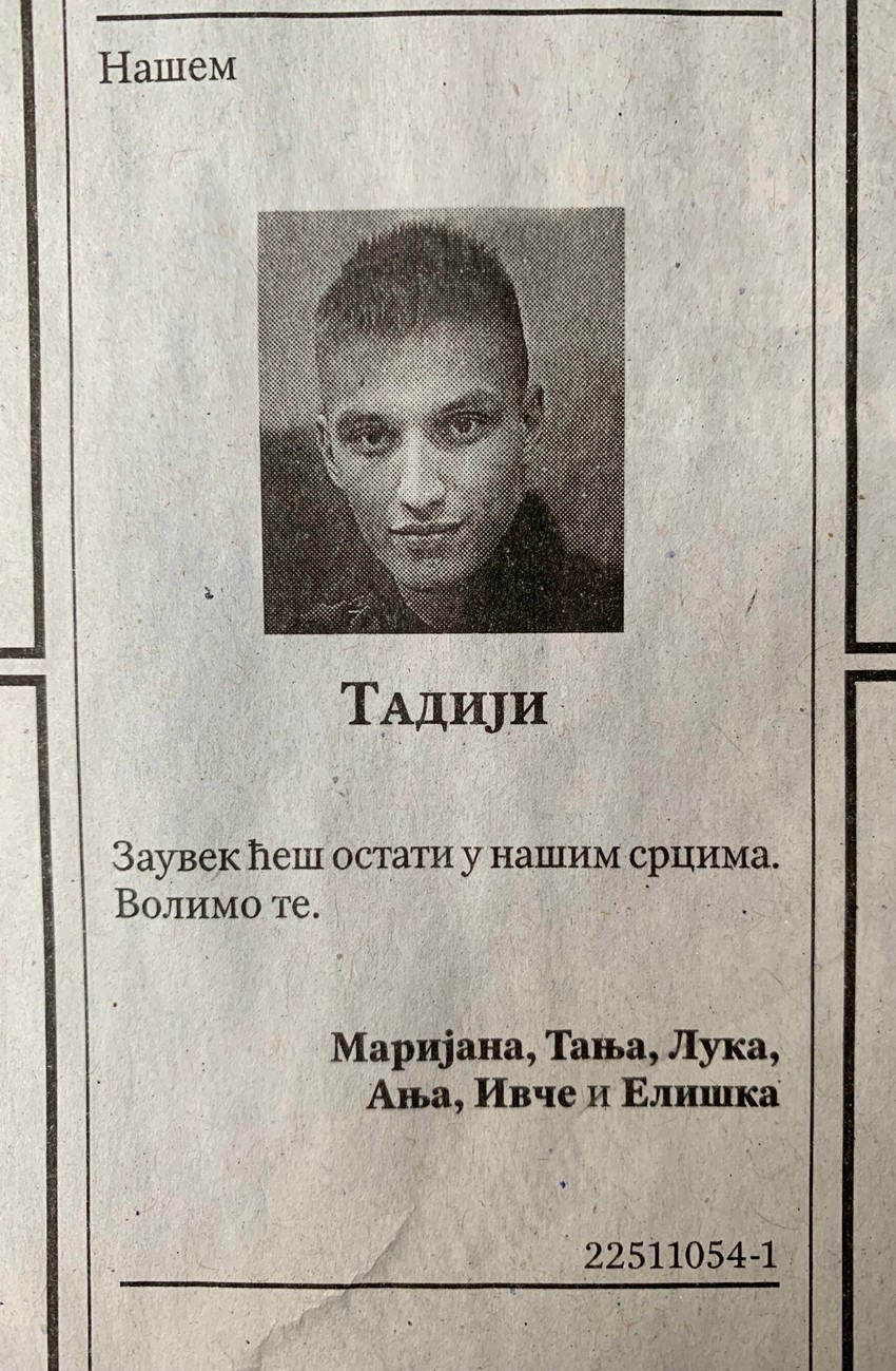 Čitulja Tadiji Pantiću od prijatelja