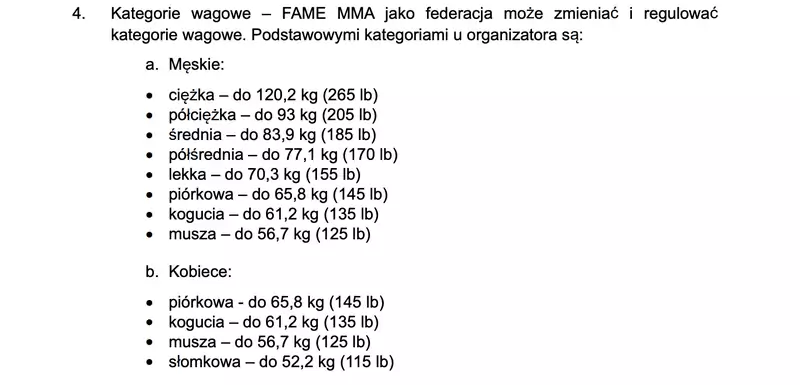 Kategorie wagowe obowiązujące podczas walk w ramach Fame MMA