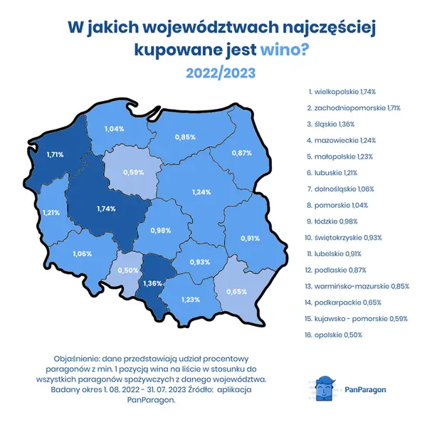 Mapa województw, w których najczęściej kupuje się wino