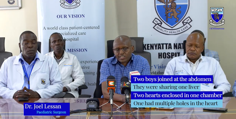 KNH Pediatric surgeon Dr. Joel Lessan speaking during a media breifing at Kenyatta National Hospital in February, 2023