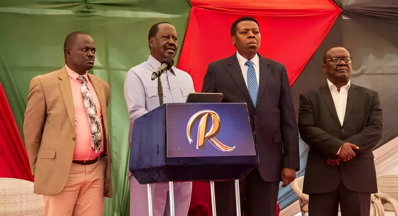 Azimio leaders led by Raila Odinga addressing the media at the Jaramogi Oginga Odinga Foundation offices