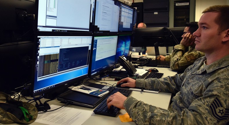 Tech. Sgt. Noe Kaur, a cyber-defense supervisor with the 1st Combat Communications Squadron, launches cyberattacks as part of an exercise at the US Air Forces in Europe Regional Training Center at Ramstein Air Base in Germany, March 8, 2019.
