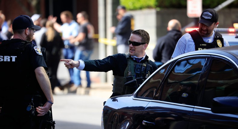 Police gathered at the scene in Louisville on Monday.Luke Sharrett /Getty Images