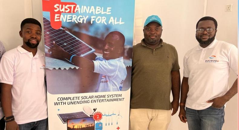 L-R: Babayemi Oluwafemi Area Manager, Sango Ota; Kola Osinowo, CEO, Baobab+ Nigeria and Kolawole Oguntuase, Head of Business Development during the launch of Baobab+ Pay As You Go  Solar in Sango Ota, Ogun State recently
