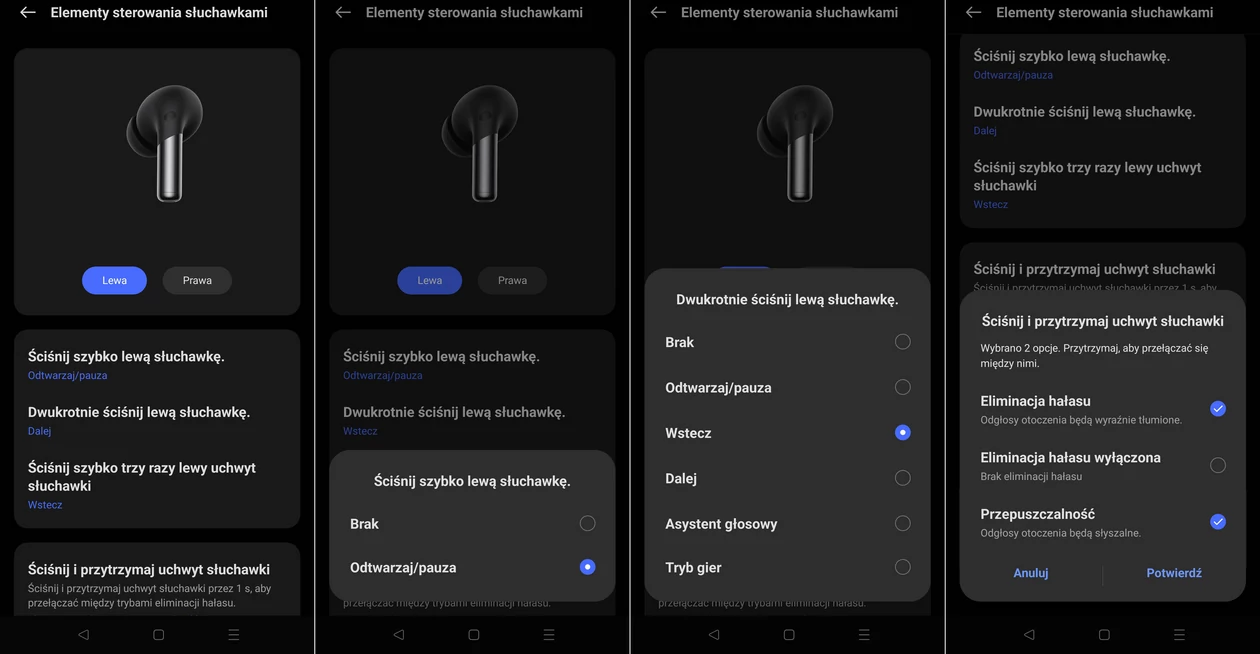 Ekrany ustawień pracy paneli dotykowych słuchawek OnePlus Buds Pro 2