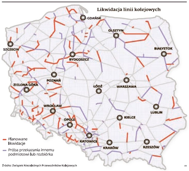 Mapa linii kolejowych do przeznaczonych do likwidacji