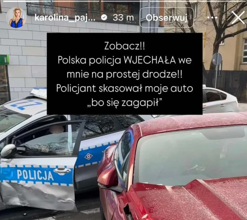 Karolina Pajączkowska pokazała na InstaStories zniszczone swoje auto i policyjny samochód