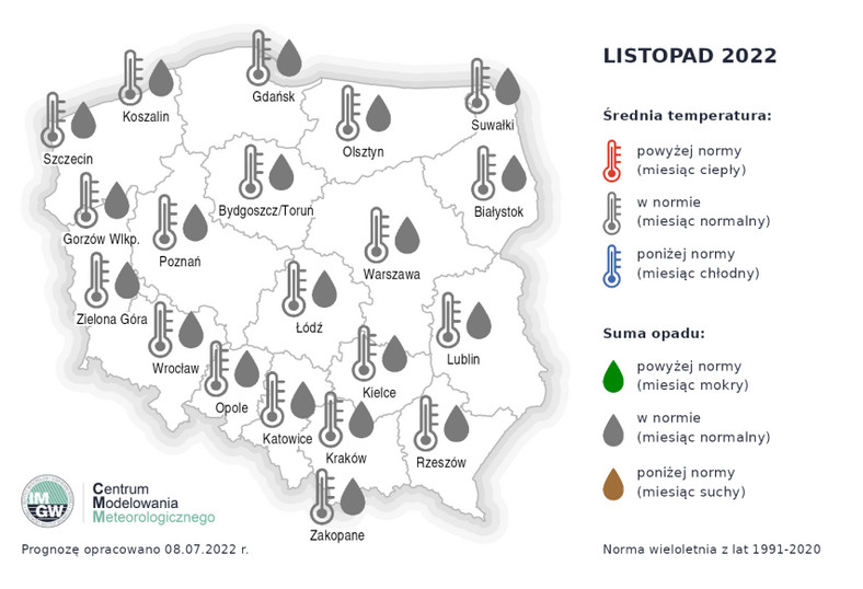 Prognoza średniej miesięcznej temperatury powietrza i miesięcznej sumy opadów atmosferycznych na listopad 2022 r. dla wybranych miast w Polsce