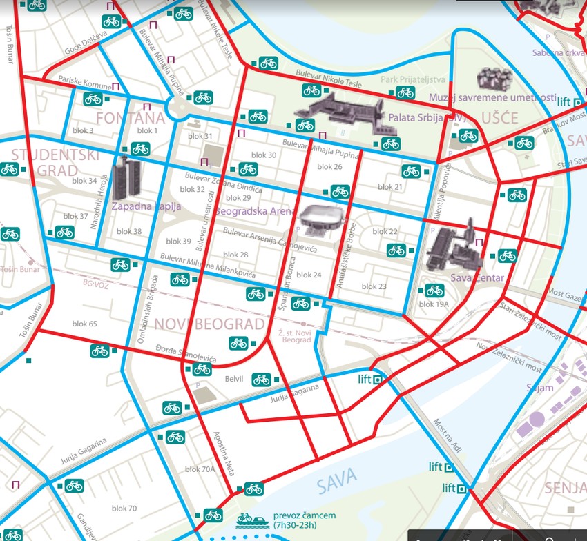 Plave postojeće i crvene planirane staze na Novom Beogradu