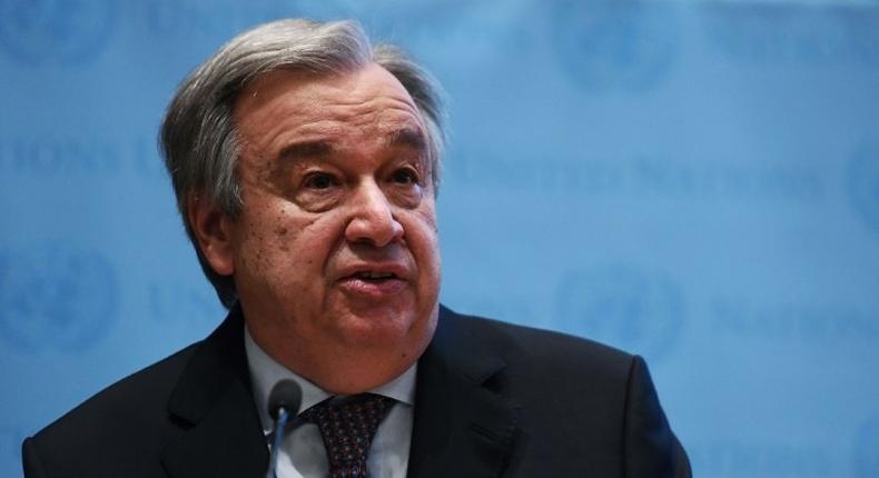 United Nations Secretary-General Antonio Guterres speaks on climate action at the New York University Stern School of Business in New York on May 30, 2017