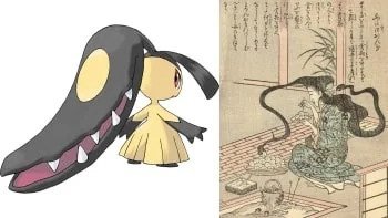 Pokemon Mawile i jego pierwowzór futakuchi-onna z książki "Ehon Hyaku Monogatari" (絵本百物語), czyli "Ilustrowana książka stu opowieści" autorstwa Takehary Shunsena (竹原春泉). To bestiariusz opisujący różne yōkai