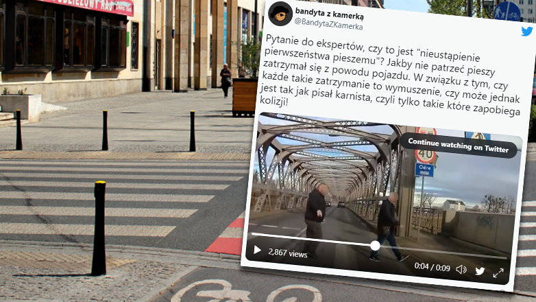 Kadr z nagrania z pieszym, który zawahał się, czy dalej przechodzić przez przejście,  fot. Twitter/Bandyta z kamerką