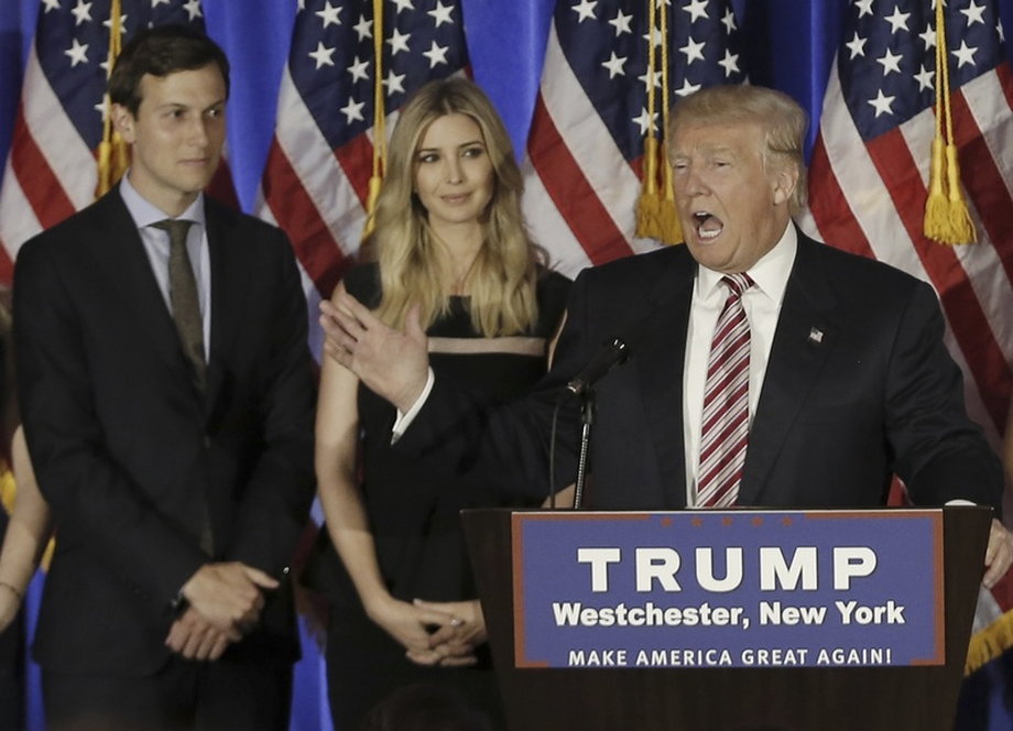 Donald Trump Jr., Ivanka Trump, and Donald Trump at a campaign event.