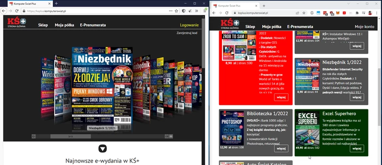 Nie korzystajmy nigdy z przeglądarek anonimowej i zwykłej w tym samym czasie. Umożliwia to zidentyfikowanie nas (Tor Browser po lewej, po prawej Chrome)