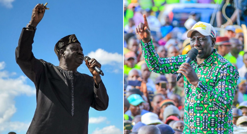 Former Prime Minister Raila Odinga and Deputy President William Ruto on separate campaign rallies