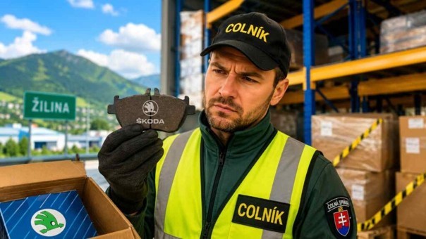 Colník v sklade pri Žiline drží falošnú brzdovú platničku Škoda. 