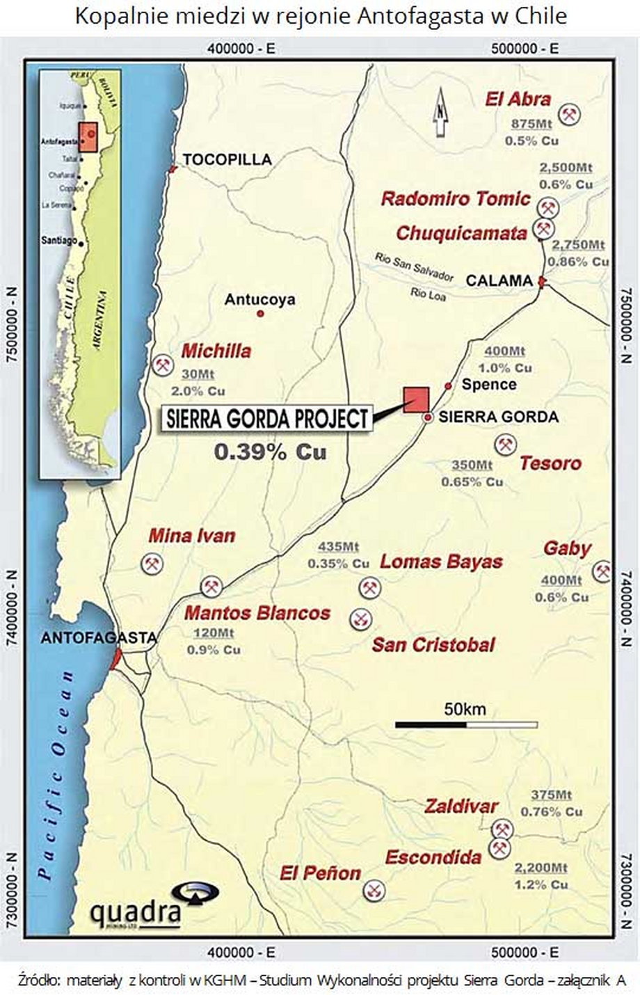 Usytuowanie kopalni Sierra Gorda na mapie Chile.