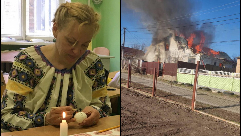 Olena prowadzi kurs malowania pisanek. Obok dom sąsiadów, który w Buczy spłonął na oczach jej ojca
