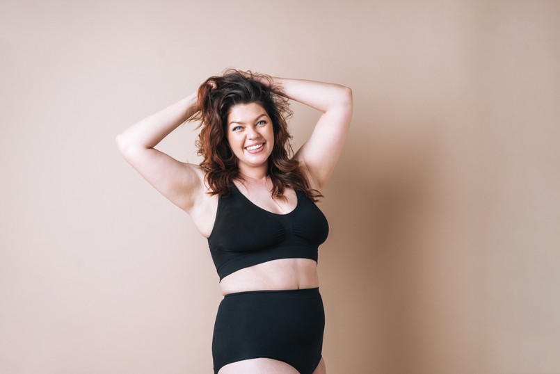 Portrait,Of,Self,Loving,Woman,Plus,Size,In,Underwear,On