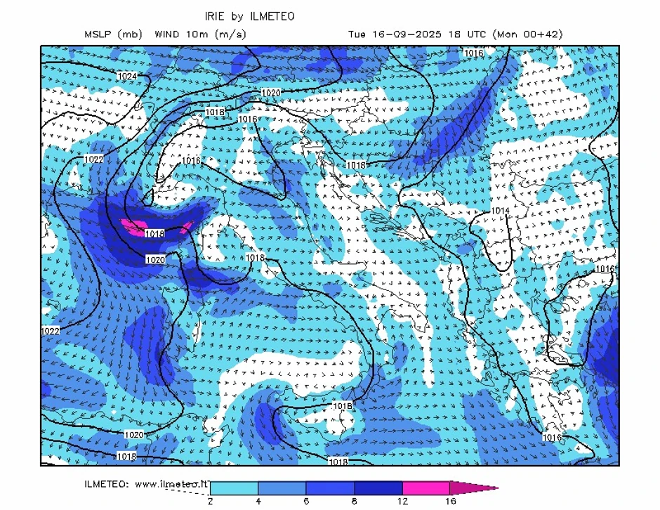 Mapa padavina za utorak, 16. septembar