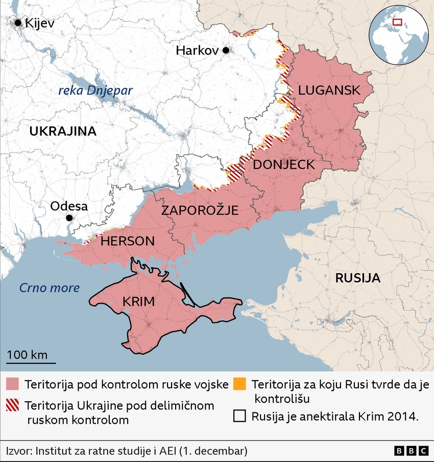 Mapa ukrajinskih teritorija pod kontrolom ruske vojske (mapa je od decembra 2025.) | Foto: BBC