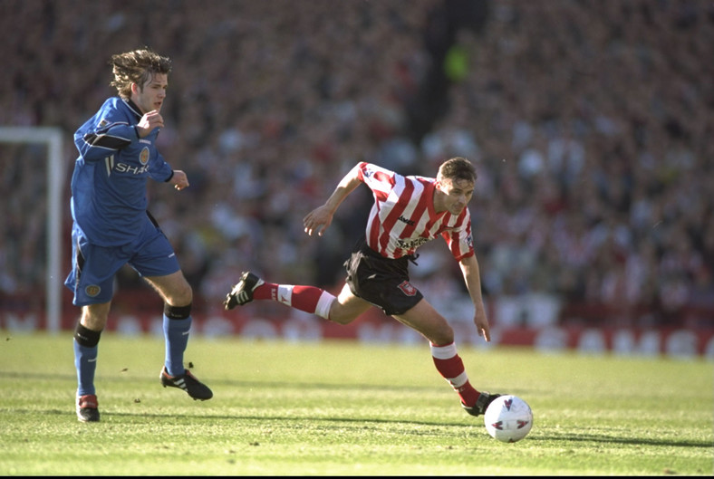 David Beckham (Manchester United) i Dariusz Kubicki (Sunderland) w 1997 r.