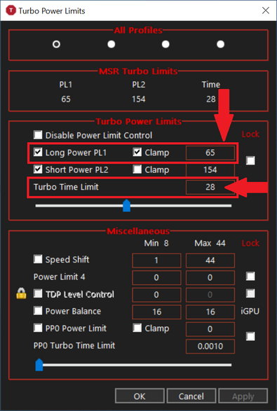 ThrottleStop – okno z limitami mocy