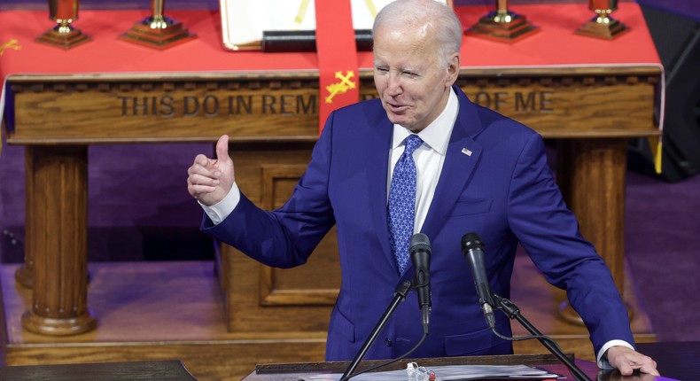 President Joe Biden speaks at the Mount Airy Church of God in Christ in Philadelphia, Pa., on July 7, 2024.Alex Wong/Getty Images