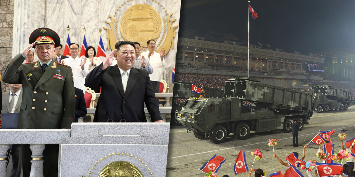 Przywódca Korei Północnej Kim Dzong Un (od prawej) i rosyjski minister obrony Siergiej Szojgu podczas parady wojskowej w Pjongjangu. Korea Północna, 27 lipca 2023 r.
