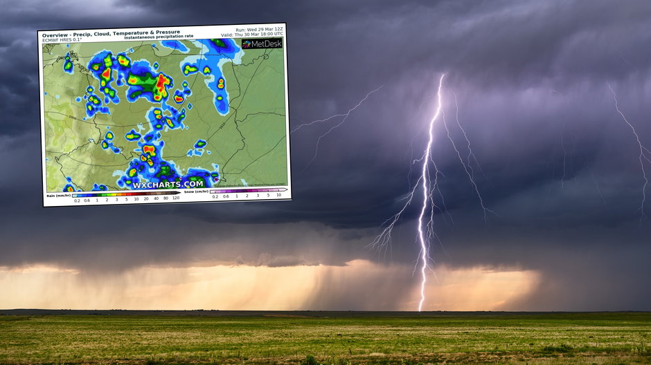 W czwartek czeka nas uderzenie wiosny, ale popołudniowe burze (mapa: wxcharts.com)