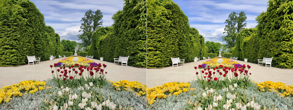 Zdjęcie po lewej przedstawia kadr przechwycony bez wspomagania ze strony SI. Obraz po prawej, został przez nią ulepszony. Rożnica jest dobrze widoczna 