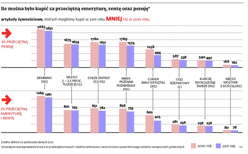 Ile można było kupić za przeciętną emeryturę, rentę oraz pensję