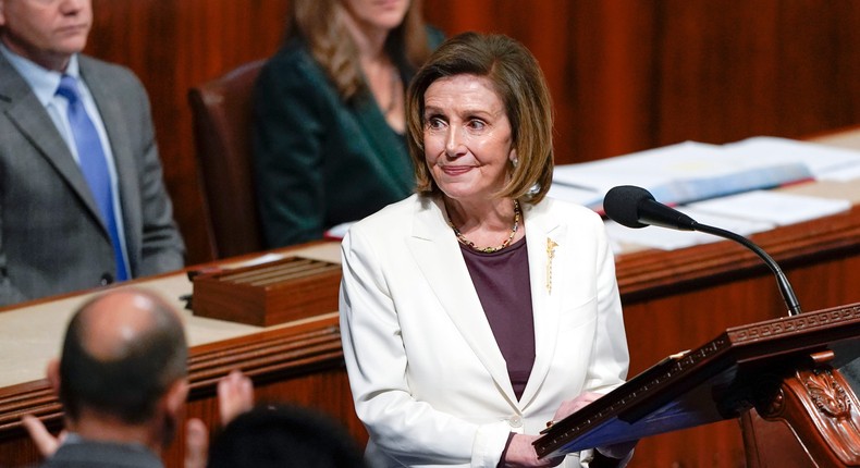 House Speaker Nancy Pelosi of Calif., acknowledges applauds from lawmakers after speaking on the House floor at the Capitol in Washington Thursday, Nov. 17, 2022.AP Photo/Carolyn Kaster