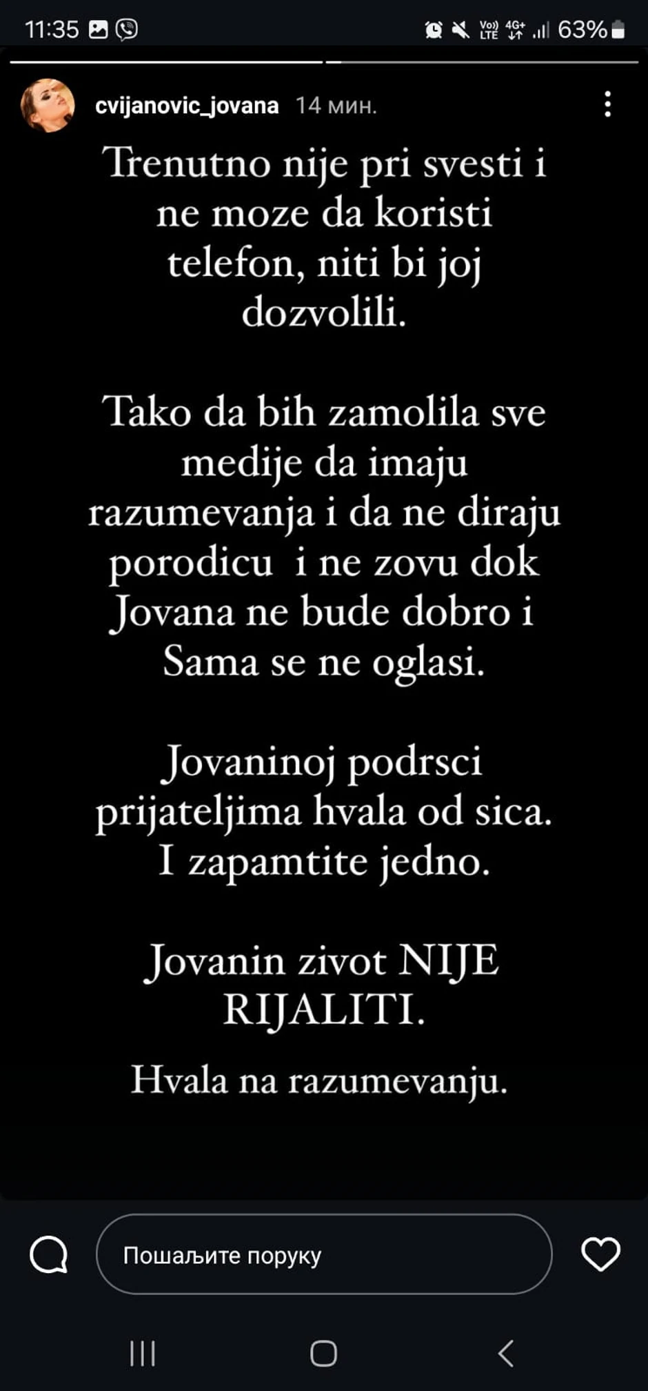 Jovana Cvijanović hospitalizovana